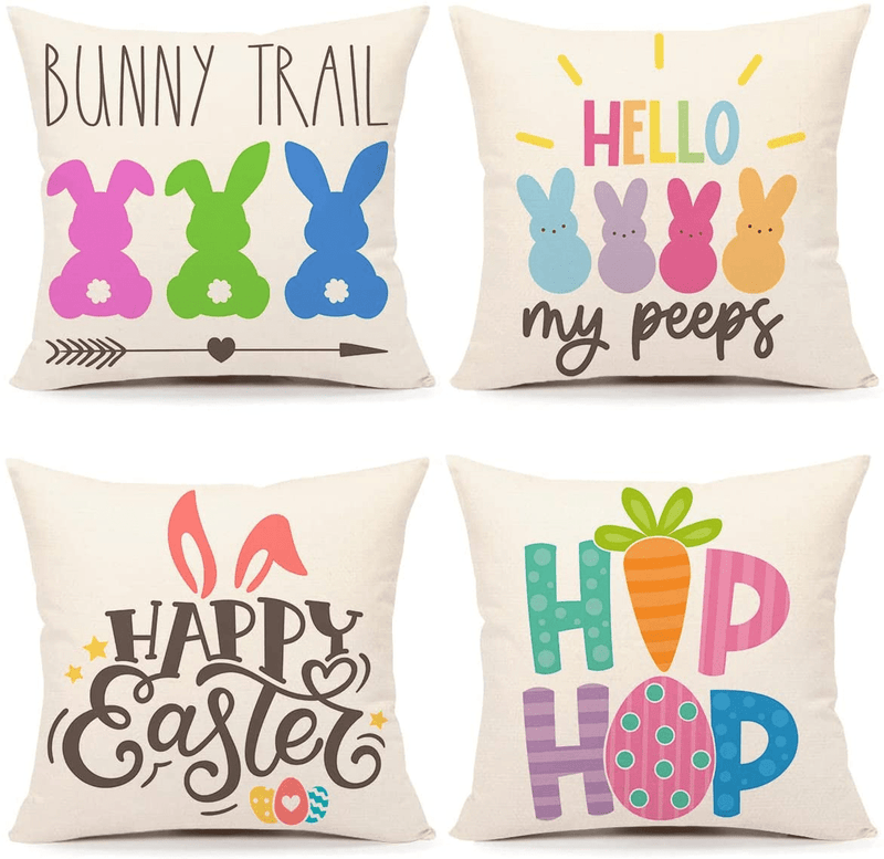4TH Emotion Easter Pillow Covers 18X18 Set of 4 Spring Farmhouse Decor Hip Hop My Peeps Bunny Trail Holiday Decorations Throw Cushion Case for Home Decorations TH085 Home & Garden > Decor > Seasonal & Holiday Decorations 4TH Emotion 18 X 18 inches  