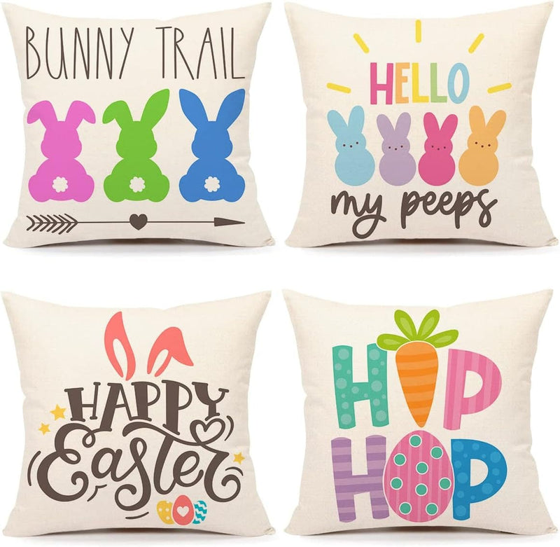 4TH Emotion Easter Pillow Covers 18X18 Set of 4 Spring Farmhouse Decor Hip Hop My Peeps Bunny Trail Holiday Decorations Throw Cushion Case for Home Decorations TH085 Home & Garden > Decor > Seasonal & Holiday Decorations 4TH Emotion 18 X 18 inches  