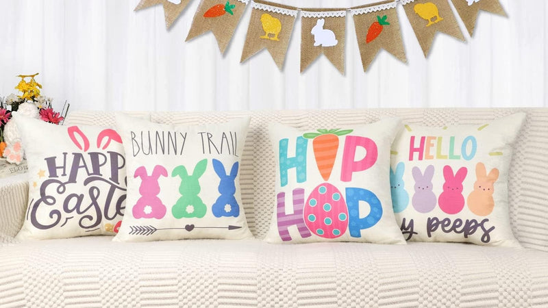 4TH Emotion Easter Pillow Covers 18X18 Set of 4 Spring Farmhouse Decor Hip Hop My Peeps Bunny Trail Holiday Decorations Throw Cushion Case for Home Decorations TH085 Home & Garden > Decor > Seasonal & Holiday Decorations 4TH Emotion   