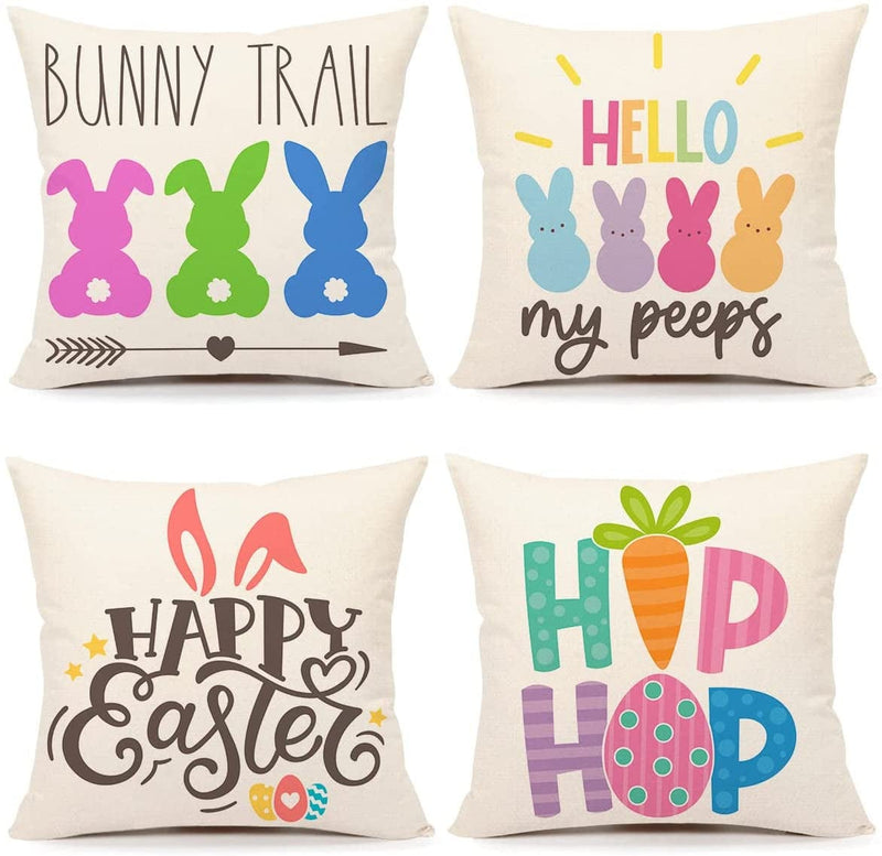 4TH Emotion Easter Pillow Covers 18X18 Set of 4 Spring Farmhouse Decor Hip Hop My Peeps Bunny Trail Holiday Decorations Throw Cushion Case for Home Decorations TH085 Home & Garden > Decor > Seasonal & Holiday Decorations 4TH Emotion 16 X 16 inches  