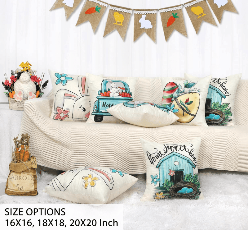 4TH Emotion Easter Watercolor Pillow Covers 18X18 Set of 4 Spring Farmhouse Decor Bunny Truck Eggs Floral Home Sweet Home Holiday Decorations Throw Cushion Case for Home Decorations TH088