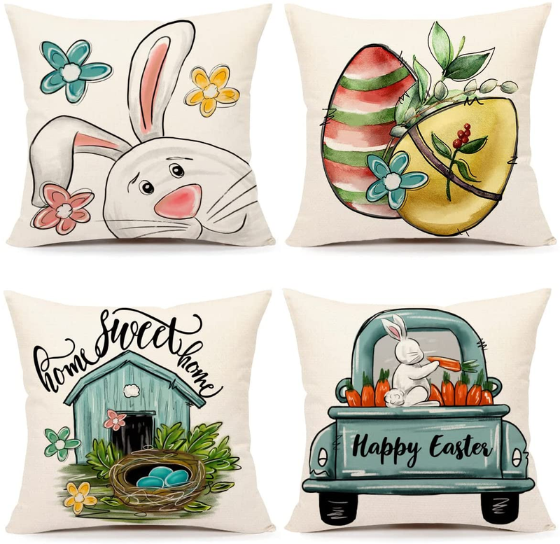 4TH Emotion Easter Watercolor Pillow Covers 18X18 Set of 4 Spring Farmhouse Decor Bunny Truck Eggs Floral Home Sweet Home Holiday Decorations Throw Cushion Case for Home Decorations TH088 Home & Garden > Decor > Seasonal & Holiday Decorations 4TH Emotion 16 X 16 inches  