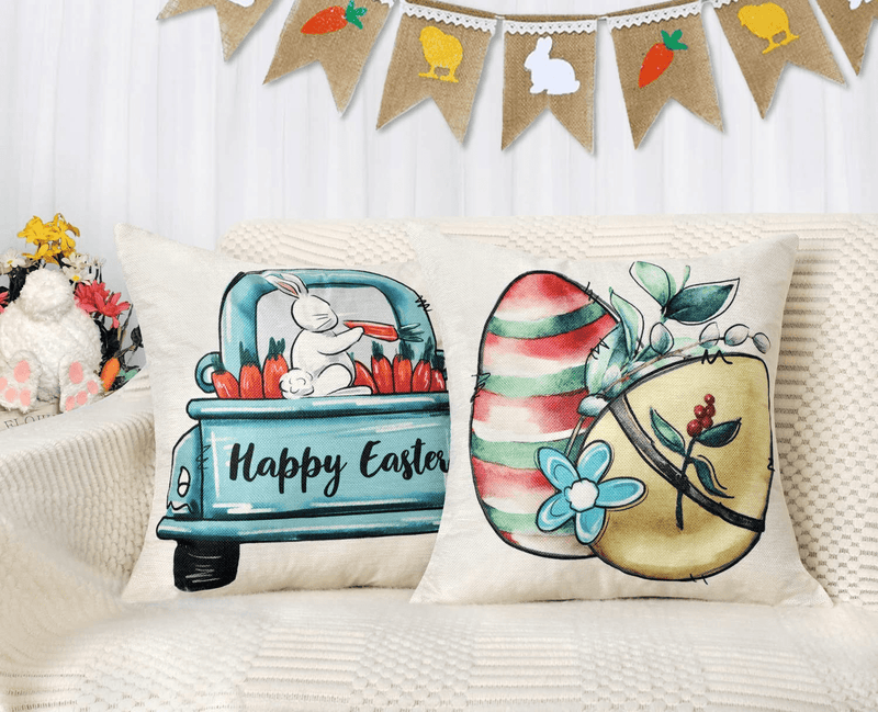 4TH Emotion Easter Watercolor Pillow Covers 18X18 Set of 4 Spring Farmhouse Decor Bunny Truck Eggs Floral Home Sweet Home Holiday Decorations Throw Cushion Case for Home Decorations TH088 Home & Garden > Decor > Seasonal & Holiday Decorations 4TH Emotion   
