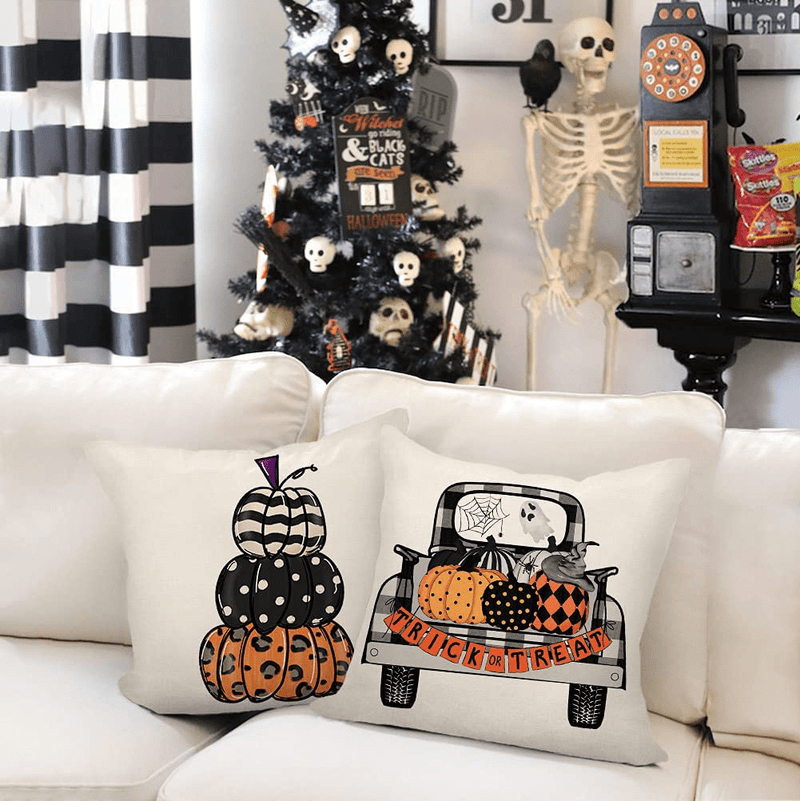 4TH Emotion Halloween Decor Pillow Covers 18x18 Set of 4 Fall Halloween Farmhouse Decorations Boo Gnomes Truck Outdoor Fall Pillows Decorative Throw Cushion Case for Home Couch TH024-18 Arts & Entertainment > Party & Celebration > Party Supplies 4TH Emotion   