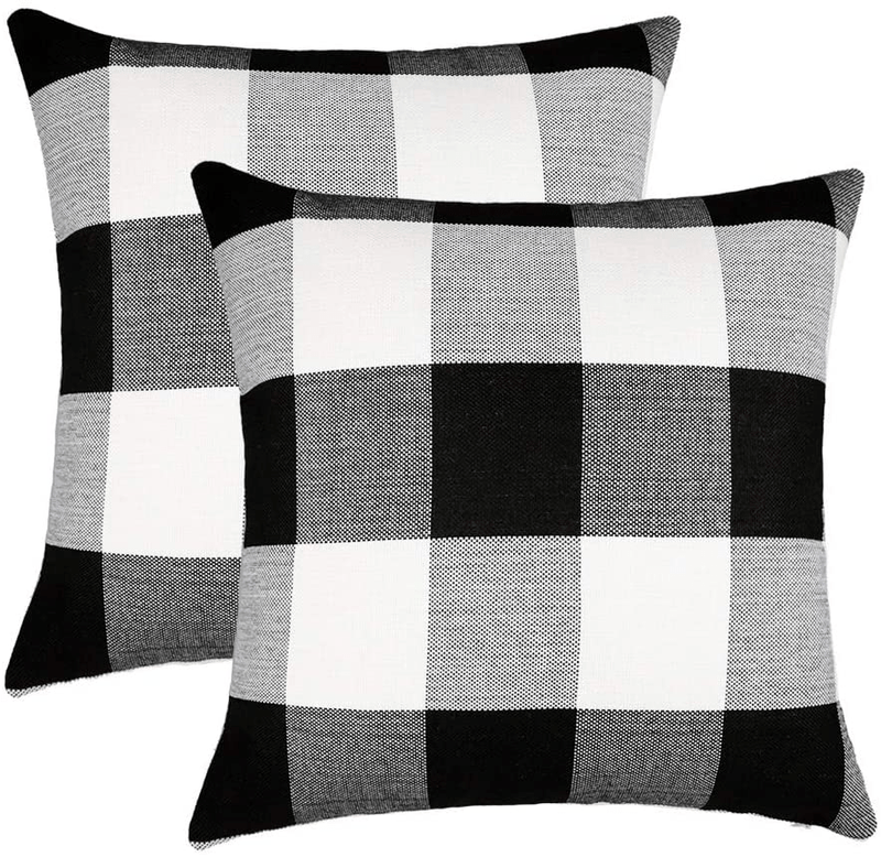 4TH Emotion Set of 2 Farmhouse Buffalo Check Plaid Throw Pillow Covers Cushion Case Polyester Linen for Fall Home Decor Black and White, 18 X 18 Inches Home & Garden > Decor > Chair & Sofa Cushions 4TH Emotion   