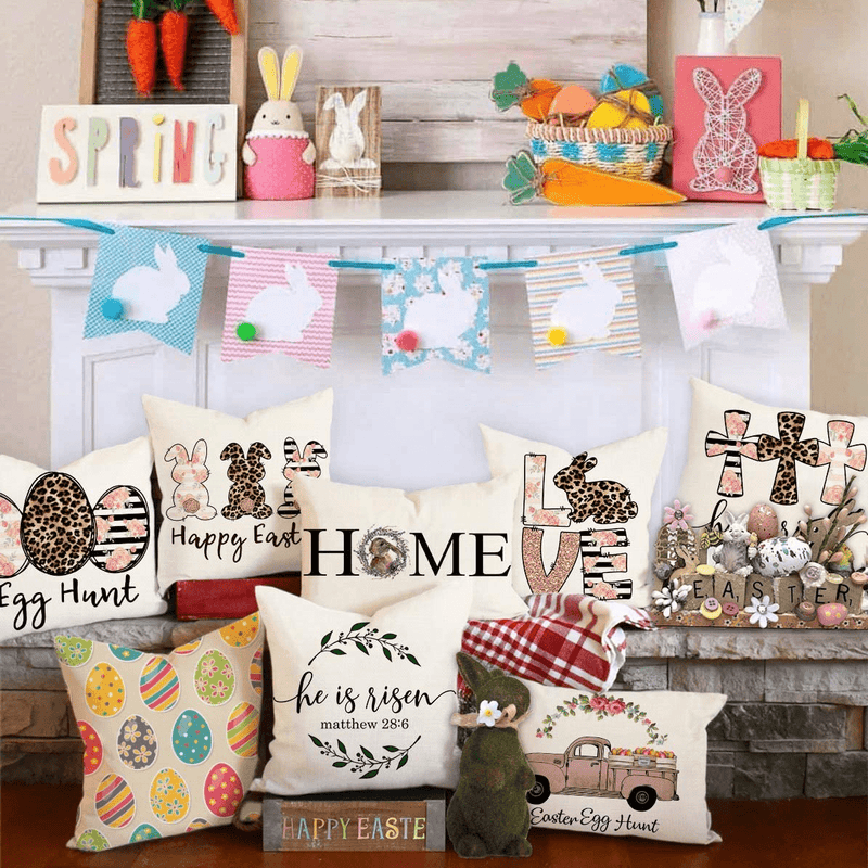 4TH Emotion Spring Easter Pillow Covers 18X18 Set of 4 Farmhouse Decor Decoration Cushion Case for Sofa Couch Polyester Linen(Happy Bunny, Love Rabbit, He Is Risen, Egg Hunt) Home & Garden > Decor > Seasonal & Holiday Decorations 4TH Emotion   
