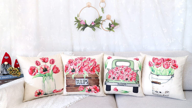 4TH Emotion Spring Tulips Pillow Covers 20X20 Set of 4 Easter Farmhouse Decor Valentines Decoration Mothers Day Cushion Case for Sofa Couch Polyester Linen Home & Garden > Decor > Seasonal & Holiday Decorations 4TH Emotion   