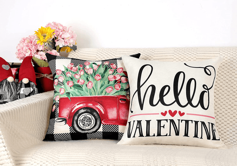 4TH Emotion Valentines Day Pillow Covers 18X18 Set of 4 Spring Buffalo Check Farmhouse Decor Black White Truck with Tulips Red Love Holiday Decorations Throw Cushion Case for Home Decorations TH082
