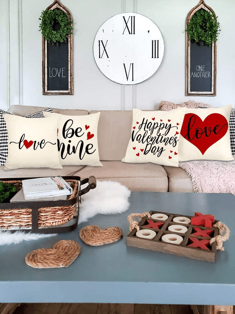 4TH Emotion Valentines Day Pillow Covers 18X18 Set of 4 Spring Farmhouse Decor Red Love Holiday Decorations Throw Cushion Case for Home Decorations
