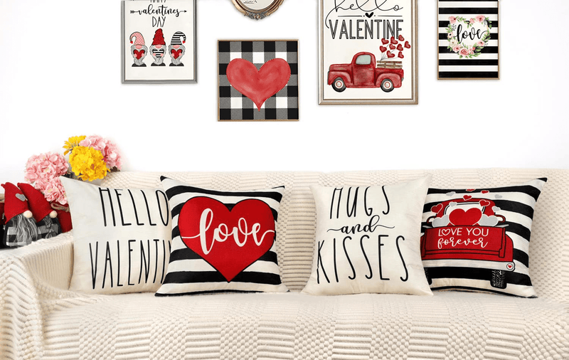 4TH Emotion Valentines Day Stripe Pillow Covers 18X18 Set of 4 Spring Farmhouse Decor Red Truck Love Hugs Kisses Holiday Decorations Throw Cushion Case for Home Decorations TH078 Home & Garden > Decor > Chair & Sofa Cushions 4TH Emotion   