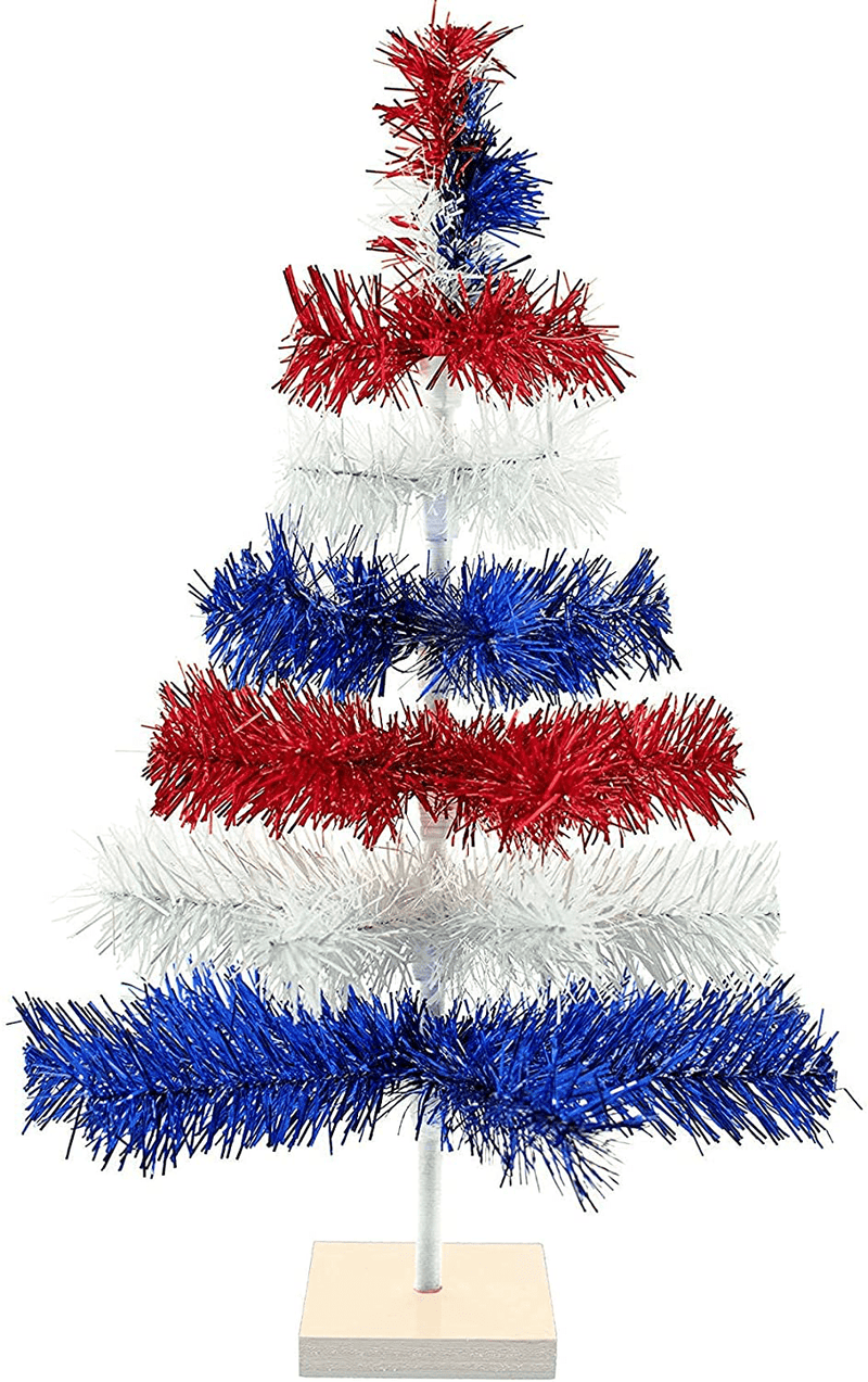 4th of July Christmas Trees Classic Tinsel Feather Style Tree Red, White, & Blue Set Branches Tabletop Height Retro American Patriotic Centerpiece Display Tree Indoor Outdoor w/Wood Base Stand (24in) Home & Garden > Decor > Seasonal & Holiday Decorations > Christmas Tree Stands EST. LEE DISPLAY L D 1902   