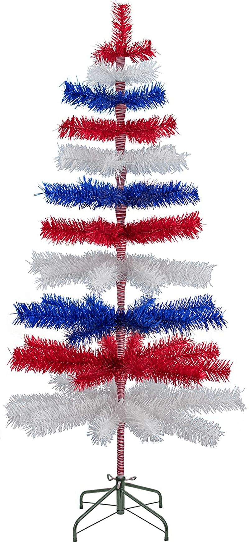 4th of July Christmas Trees Classic Tinsel Feather Style Tree Red, White, & Blue Set Branches Tabletop Height Retro American Patriotic Centerpiece Display Tree Indoor Outdoor w/Wood Base Stand (24in)