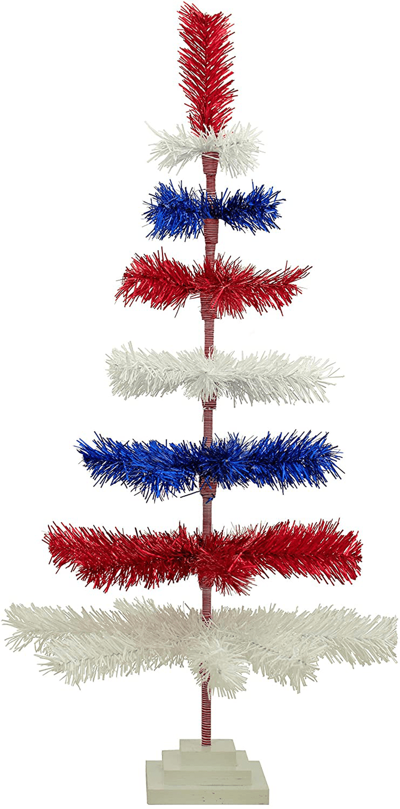 4th of July Christmas Trees Classic Tinsel Feather Style Tree Red, White, & Blue Set Branches Tabletop Height Retro American Patriotic Centerpiece Display Tree Indoor Outdoor w/Wood Base Stand (24in) Home & Garden > Decor > Seasonal & Holiday Decorations > Christmas Tree Stands EST. LEE DISPLAY L D 1902 36in  
