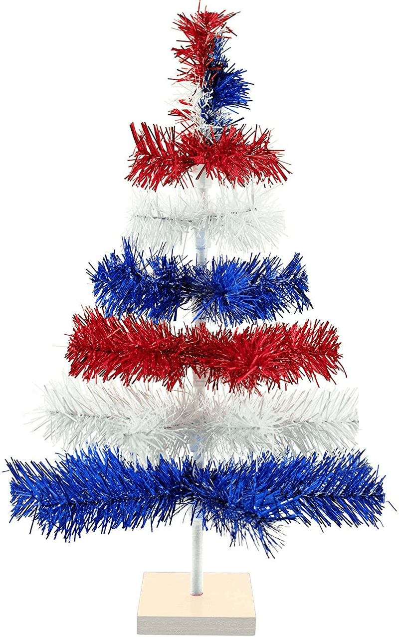 4th of July Christmas Trees Classic Tinsel Feather Style Tree Red, White, & Blue Set Branches Tabletop Height Retro American Patriotic Centerpiece Display Tree Indoor Outdoor w/Wood Base Stand (24in) Home & Garden > Decor > Seasonal & Holiday Decorations > Christmas Tree Stands EST. LEE DISPLAY L D 1902 24in  