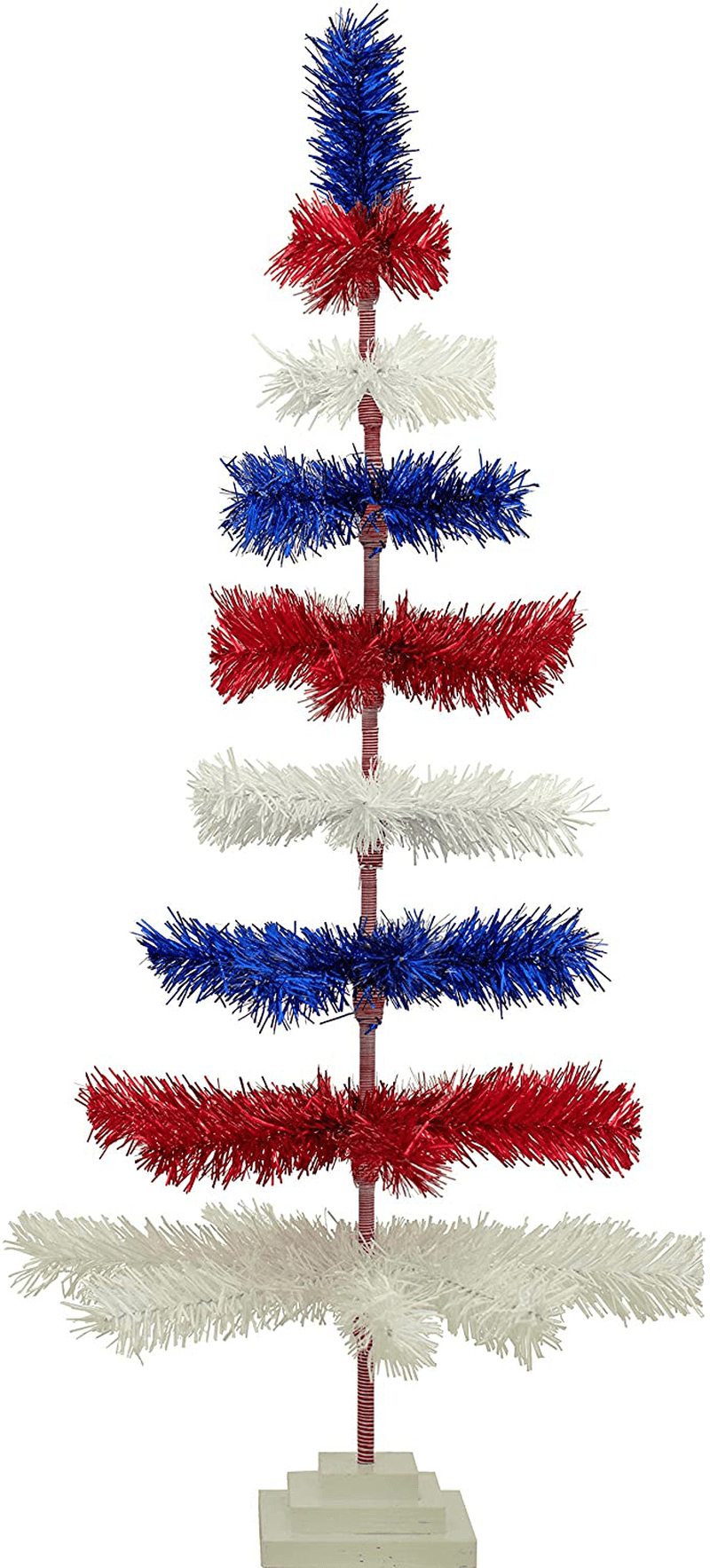 4th of July Christmas Trees Classic Tinsel Feather Style Tree Red, White, & Blue Set Branches Tabletop Height Retro American Patriotic Centerpiece Display Tree Indoor Outdoor w/Wood Base Stand (24in) Home & Garden > Decor > Seasonal & Holiday Decorations > Christmas Tree Stands EST. LEE DISPLAY L D 1902 48in  