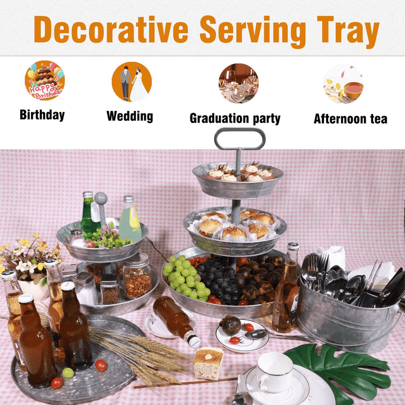 4W 3 Tiered Serving Stand, Galvanized Tiered Tray with Handles Rustic Style Metal Tiered Serving Tray for Parties Outdoor Activities for Dessert, Fruit, Cupcake, Farmhouse Décor and Display Stand Home & Garden > Decor > Decorative Trays 4W   