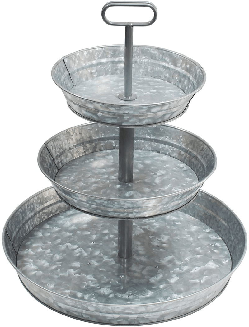 4W 3 Tiered Serving Stand, Galvanized Tiered Tray with Handles Rustic Style Metal Tiered Serving Tray for Parties Outdoor Activities for Dessert, Fruit, Cupcake, Farmhouse Décor and Display Stand Home & Garden > Decor > Decorative Trays 4W Silver-handle-new  