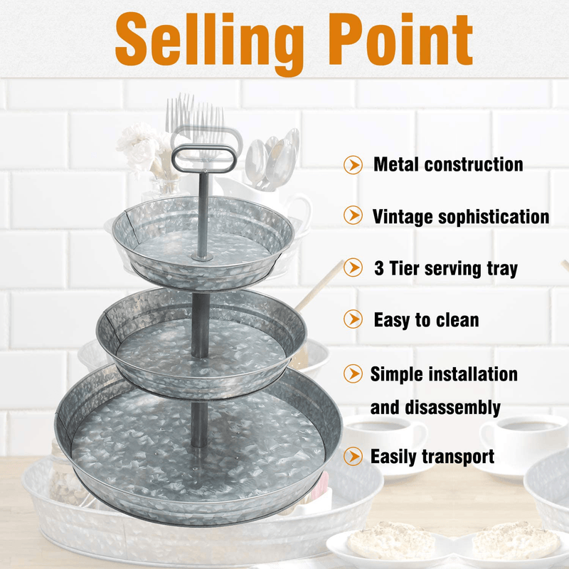 4W 3 Tiered Serving Stand, Galvanized Tiered Tray with Handles Rustic Style Metal Tiered Serving Tray for Parties Outdoor Activities for Dessert, Fruit, Cupcake, Farmhouse Décor and Display Stand Home & Garden > Decor > Decorative Trays 4W   