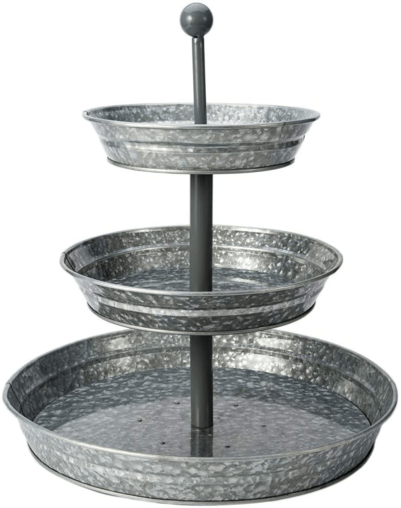 4W 3 Tiered Serving Stand, Galvanized Tiered Tray with Handles Rustic Style Metal Tiered Serving Tray for Parties Outdoor Activities for Dessert, Fruit, Cupcake, Farmhouse Décor and Display Stand Home & Garden > Decor > Decorative Trays 4W Silver-new  