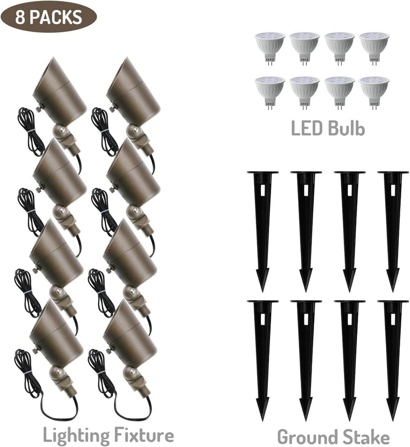4W LED Landscape Lighting Low Voltage Landscape Lights Spotlights GL101-BZLED8 AC/DC 12V Warm White Waterproof for Driveway,Yard, Lawn,Patio,Walls,Trees,Flags,Outdoor Light (Bronze, 8 Pack)