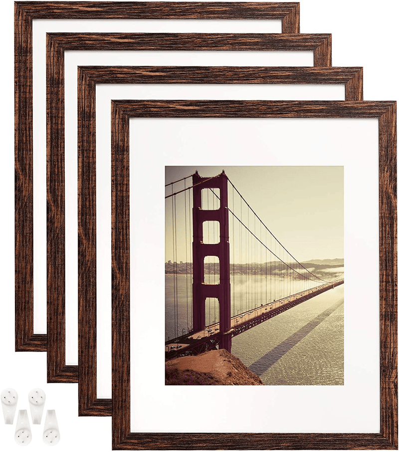 4x6 Picture Frame Distressed Farmhouse Wood Pattern Set of 4 with Tempered Glass,Display Pictures 3.5x5 with Mat or 4x6 Without Mat, Horizontal and Vertical Formats for Wall and Table Mounting Home & Garden > Decor > Picture Frames BAIJIALI Brown 11x14 