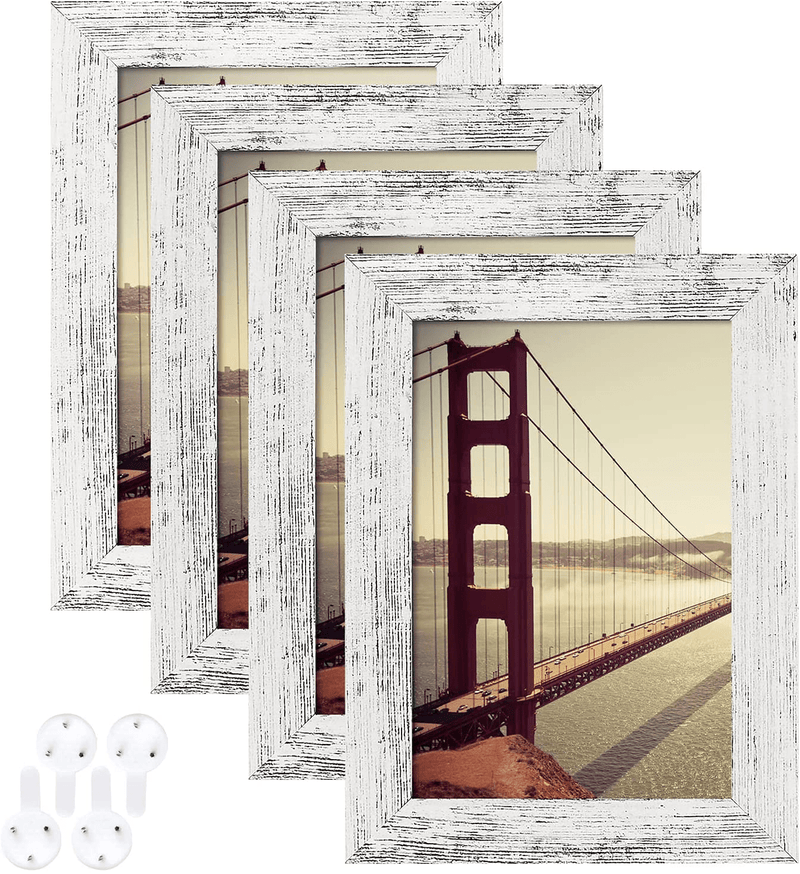 4x6 Picture Frame Distressed Farmhouse Wood Pattern Set of 4 with Tempered Glass,Display Pictures 3.5x5 with Mat or 4x6 Without Mat, Horizontal and Vertical Formats for Wall and Table Mounting Home & Garden > Decor > Picture Frames BAIJIALI White 4x6 
