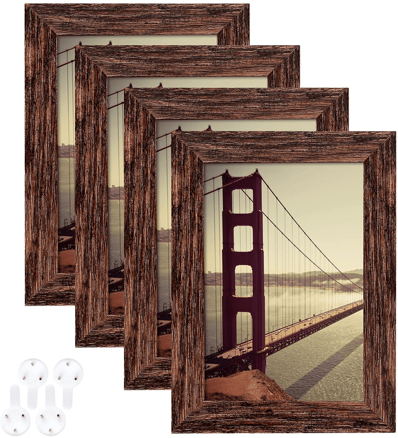4x6 Picture Frame Distressed Farmhouse Wood Pattern Set of 4 with Tempered Glass,Display Pictures 3.5x5 with Mat or 4x6 Without Mat, Horizontal and Vertical Formats for Wall and Table Mounting