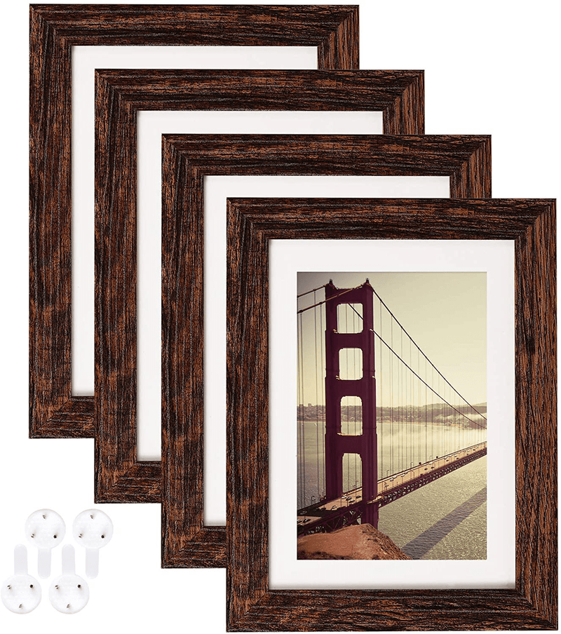4x6 Picture Frame Distressed Farmhouse Wood Pattern Set of 4 with Tempered Glass,Display Pictures 3.5x5 with Mat or 4x6 Without Mat, Horizontal and Vertical Formats for Wall and Table Mounting Home & Garden > Decor > Picture Frames BAIJIALI Brown 5x7 