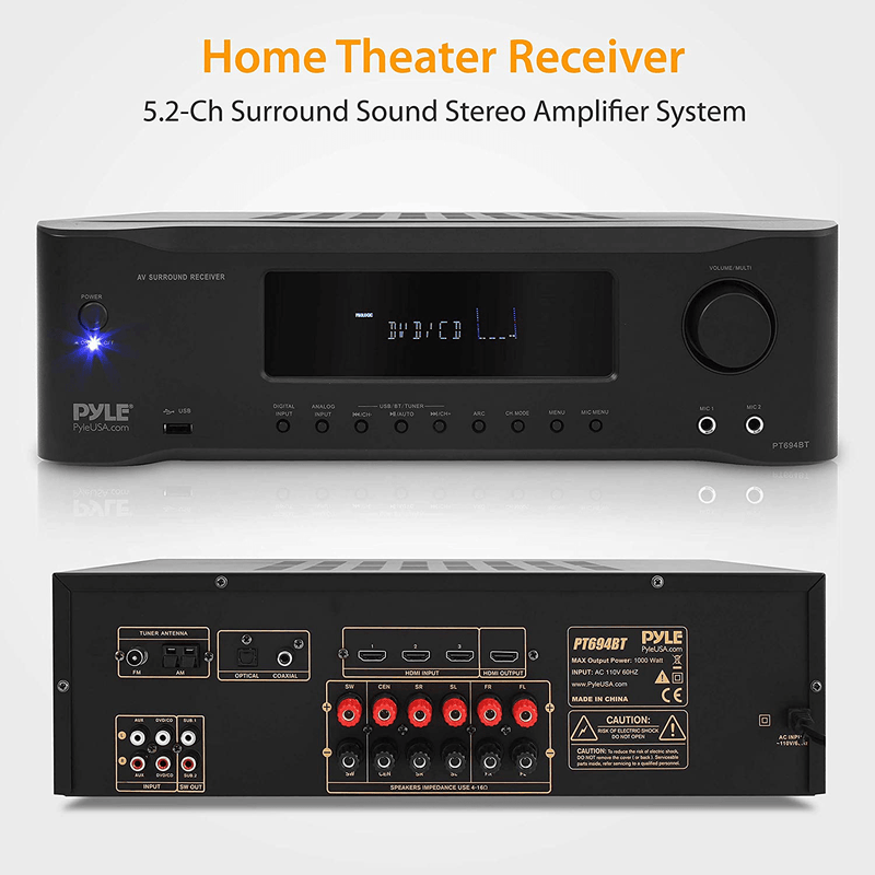 5.2-Channel Hi-Fi Bluetooth Stereo Amplifier - 1000 Watt AV Home Speaker Subwoofer Sound Receiver with Radio, USB, RCA, HDMI, Mic In, Wireless Streaming, Supports 4K UHD TV, 3D, Blu-Ray - Pyle PT694BT Electronics > Audio > Audio Components > Audio & Video Receivers Pyle   