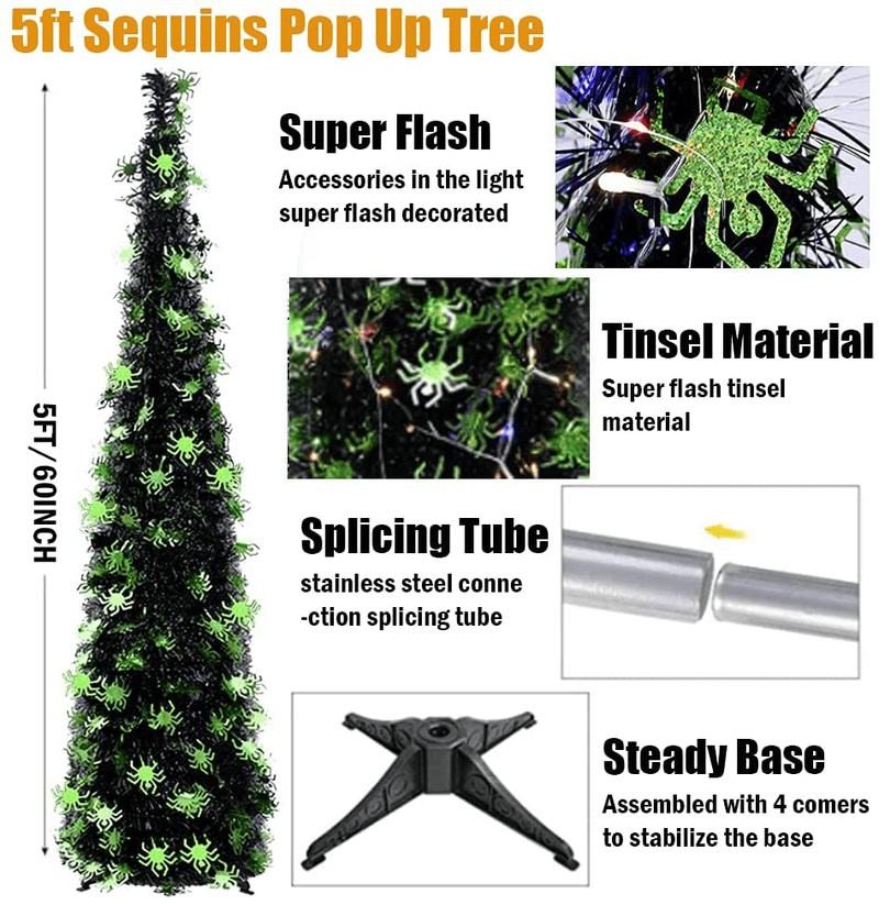 5 Foot Collapsible Pop Up Sequin Artificial Pencil Halloween Christmas Tree Tinsel Slim Halloween Xmas Tree Tall Skinny Tree with Plastic Stand for Home Fireplace Party Indoor Outdoor (Green Spider) Home & Garden > Decor > Seasonal & Holiday Decorations > Christmas Tree Stands Boiobaia   