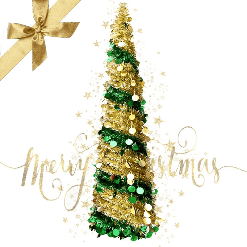 5 Foot Collapsible Pop Up Sequin Artificial Pencil Halloween Christmas Tree Tinsel Slim Halloween Xmas Tree Tall Skinny Tree with Plastic Stand for Home Fireplace Party Indoor Outdoor (Green Spider) Home & Garden > Decor > Seasonal & Holiday Decorations > Christmas Tree Stands Boiobaia Green& Gold  