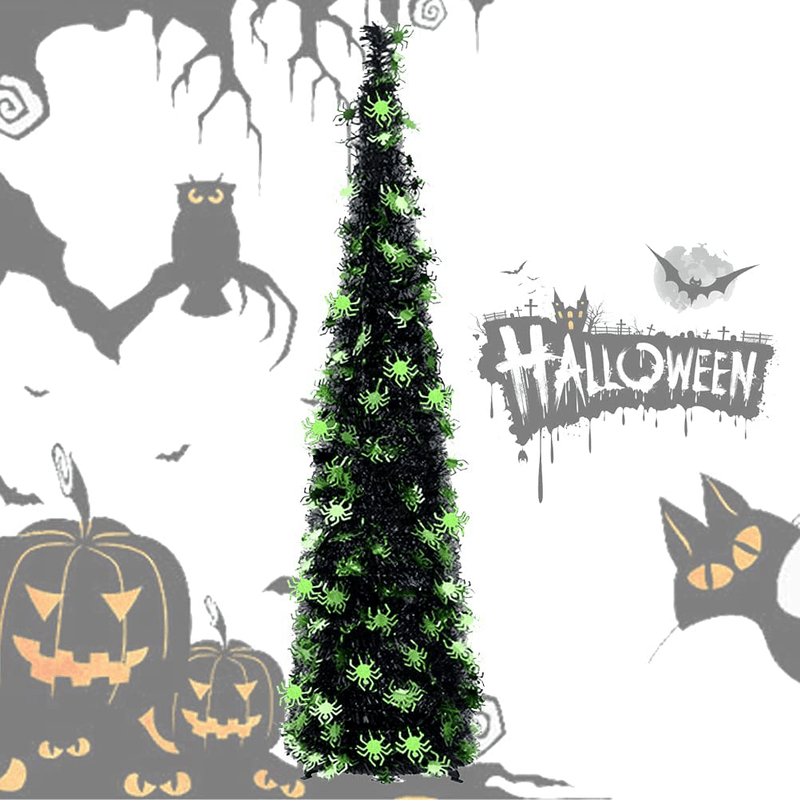 5 Foot Collapsible Pop Up Sequin Artificial Pencil Halloween Christmas Tree Tinsel Slim Halloween Xmas Tree Tall Skinny Tree with Plastic Stand for Home Fireplace Party Indoor Outdoor (Green Spider) Home & Garden > Decor > Seasonal & Holiday Decorations > Christmas Tree Stands Boiobaia Green Spider  