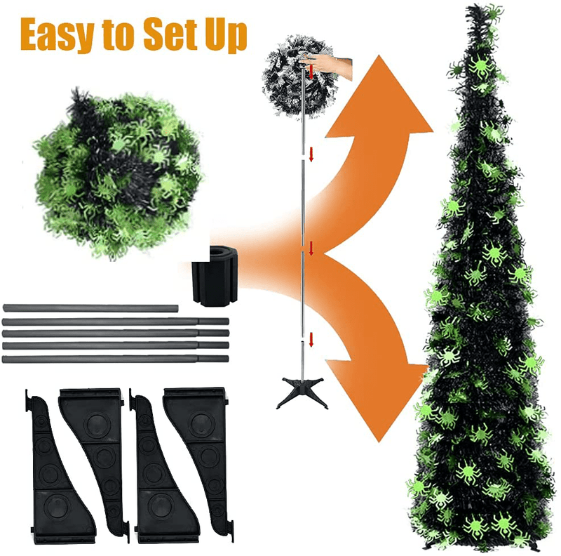 5 Foot Collapsible Pop Up Sequin Artificial Pencil Halloween Christmas Tree Tinsel Slim Halloween Xmas Tree Tall Skinny Tree with Plastic Stand for Home Fireplace Party Indoor Outdoor (Green Spider) Home & Garden > Decor > Seasonal & Holiday Decorations > Christmas Tree Stands Boiobaia   