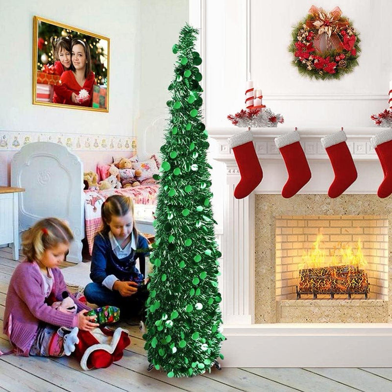 5 FT Christmas Trees with Lights, Collapsible Artificial Sequin Pop up Christmas Tree, Tall Skinny Pencil Tinsel Christmas Trees Xmas Tree for Home Apartment Basement Fireplace Home & Garden > Decor > Seasonal & Holiday Decorations Ardorlove Green  