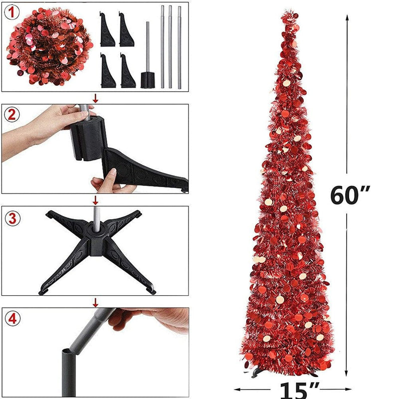 5 FT Christmas Trees with Lights, Collapsible Artificial Sequin Pop up Christmas Tree, Tall Skinny Pencil Tinsel Christmas Trees Xmas Tree for Home Apartment Basement Fireplace Home & Garden > Decor > Seasonal & Holiday Decorations Ardorlove   