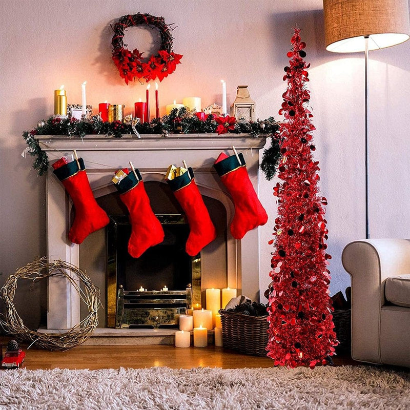 5 FT Christmas Trees with Lights, Collapsible Artificial Sequin Pop up Christmas Tree, Tall Skinny Pencil Tinsel Christmas Trees Xmas Tree for Home Apartment Basement Fireplace Home & Garden > Decor > Seasonal & Holiday Decorations Ardorlove Red  