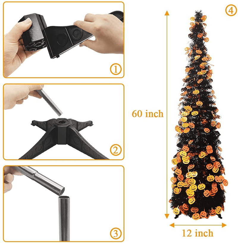 5 FT Pop Up Tinsel Christmas Halloween Trees,Collapsible Artificial Black Slim Halloween Xmas Tree with Plastic Stand for Party,Home,Office,Classroom Decor,Pumpkin Sequins Home & Garden > Decor > Seasonal & Holiday Decorations > Christmas Tree Stands Nuuptta   