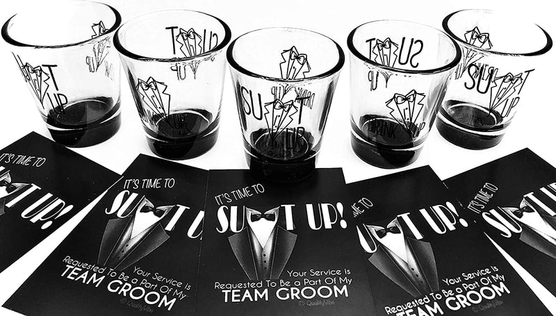 5 Groomsmen Shot Glasses (1.75 Oz) & 5 Team Groom Proposal Cards as a Bachelor Party Gift Idea with Suit up & Drink up Text & Graphics. Home & Garden > Kitchen & Dining > Barware QualityVibe   
