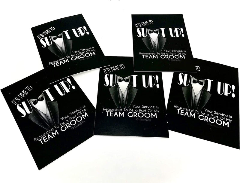 5 Groomsmen Shot Glasses (1.75 Oz) & 5 Team Groom Proposal Cards as a Bachelor Party Gift Idea with Suit up & Drink up Text & Graphics. Home & Garden > Kitchen & Dining > Barware QualityVibe   