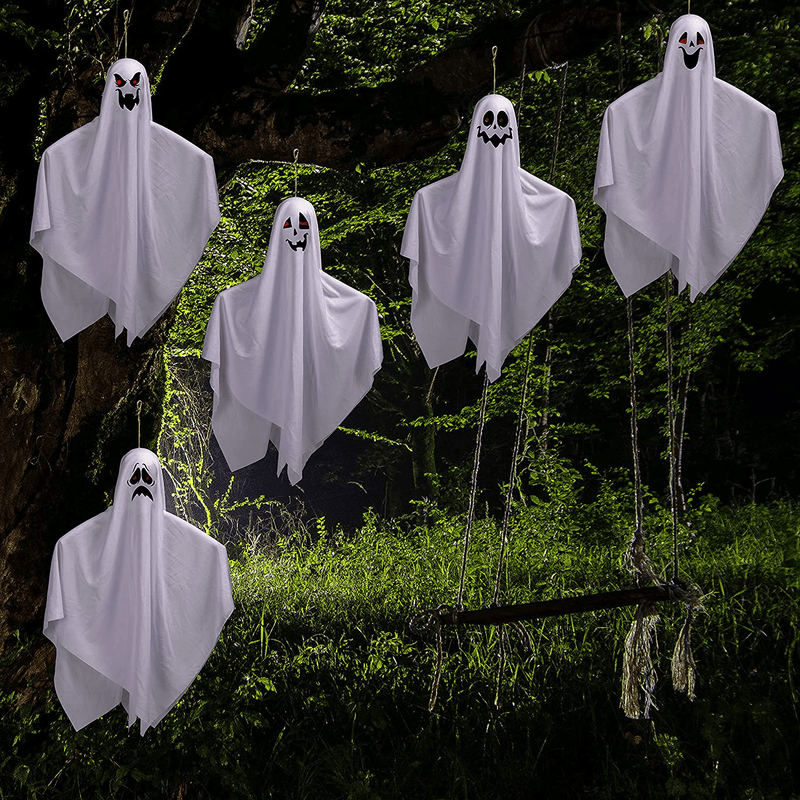 5 Pack 27.5" Halloween Decoration Hanging Ghosts, Cute Ghosts with Creepy Faces Designs, Decorations for Halloween Outdoor, Lawn, Tree Decor, Ghost Party Favor Supplies
