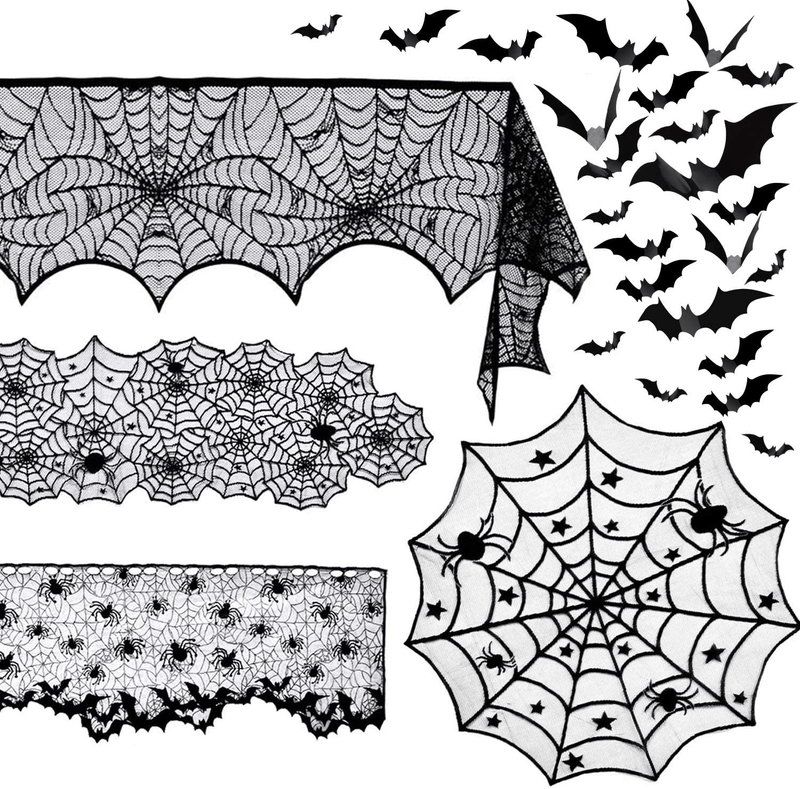 5 Pack Halloween Spider Decorations Sets -Halloween Fireplace Mantel Scarf & Round Table Cover & Lace Table Runner & Cobweb Lampshade & 60 pcs Scary 3D Bat for Halloween Party Decors Arts & Entertainment > Party & Celebration > Party Supplies Beeager Default Title  