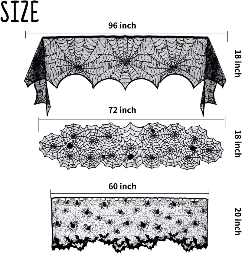 5 Pack Halloween Spider Decorations Sets -Halloween Fireplace Mantel Scarf & Round Table Cover & Lace Table Runner & Cobweb Lampshade & 60 pcs Scary 3D Bat for Halloween Party Decors Arts & Entertainment > Party & Celebration > Party Supplies Beeager   