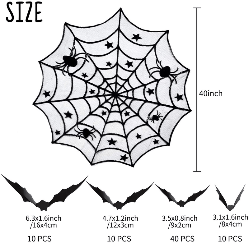 5 Pack Halloween Spider Decorations Sets -Halloween Fireplace Mantel Scarf & Round Table Cover & Lace Table Runner & Cobweb Lampshade & 60 pcs Scary 3D Bat for Halloween Party Decors Arts & Entertainment > Party & Celebration > Party Supplies Beeager   