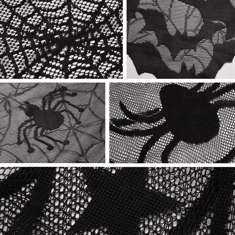 5 Pack Halloween Spider Decorations Sets -Halloween Fireplace Mantel Scarf & Round Table Cover & Lace Table Runner & Cobweb Lampshade & 60 pcs Scary 3D Bat for Halloween Party Decors