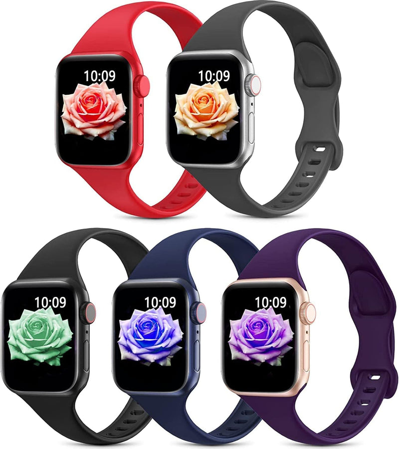 5 Pack Slim Sport Bands Compatible with Apple Watch Band 38Mm 40Mm 41Mm 42Mm 44Mm 45Mm 49Mm for Women Men,Soft Silicone Thin Narrow Skinny Cute Strap for Iwatch Series Ultra 8 7 6 5 4 3 2 SE Sporting Goods > Outdoor Recreation > Winter Sports & Activities Sunnywoo Navy Blue/Deep Grey/Black/Deep Purple/Red 38/40/41mm 