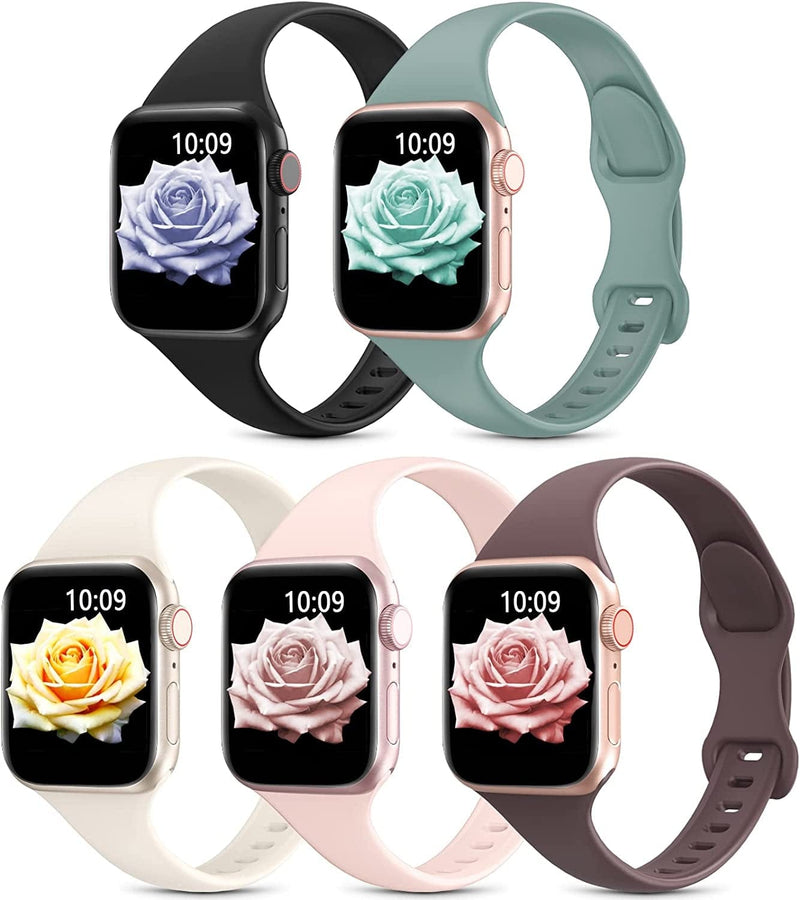 5 Pack Slim Sport Bands Compatible with Apple Watch Band 38Mm 40Mm 41Mm 42Mm 44Mm 45Mm 49Mm for Women Men,Soft Silicone Thin Narrow Skinny Cute Strap for Iwatch Series Ultra 8 7 6 5 4 3 2 SE Sporting Goods > Outdoor Recreation > Winter Sports & Activities Sunnywoo Smoke Violet/Cactus/Black/Pink Sand/Starlight 38/40/41mm 