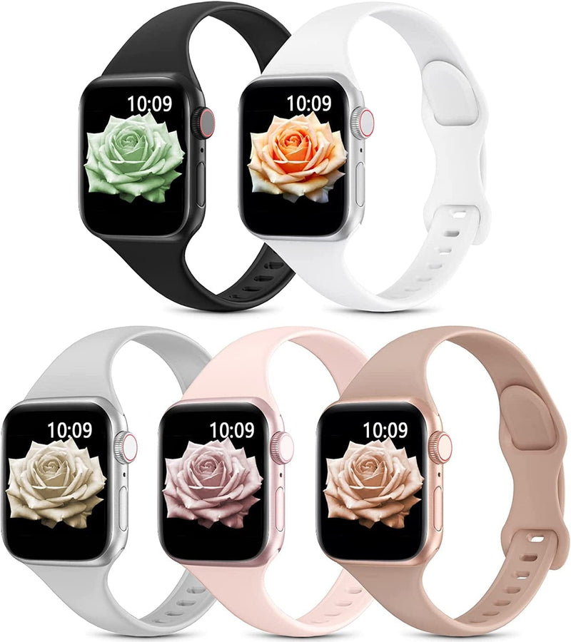 5 Pack Slim Sport Bands Compatible with Apple Watch Band 38Mm 40Mm 41Mm 42Mm 44Mm 45Mm 49Mm for Women Men,Soft Silicone Thin Narrow Skinny Cute Strap for Iwatch Series Ultra 8 7 6 5 4 3 2 SE