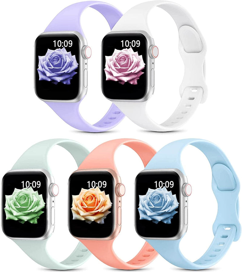 5 Pack Slim Sport Bands Compatible with Apple Watch Band 38Mm 40Mm 41Mm 42Mm 44Mm 45Mm 49Mm for Women Men,Soft Silicone Thin Narrow Skinny Cute Strap for Iwatch Series Ultra 8 7 6 5 4 3 2 SE Sporting Goods > Outdoor Recreation > Winter Sports & Activities Sunnywoo Succulent/Light Orange/White/Light Blue/Lavender 38/40/41mm 