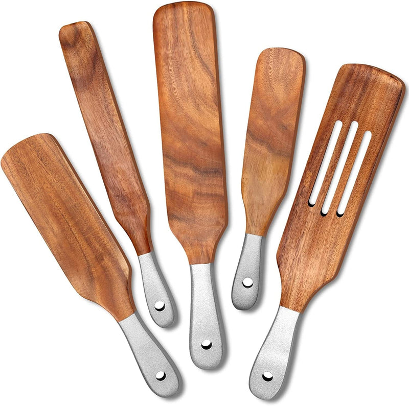5 Pcs Acacia Wood Spurtle Set Non Stick Spatula Cooking Utensils for Mixing, Baking, Cake Spatula Wooden Serving Spoons Slotted Turner Kitchen Spurtles Tool Small Lcing Spatula