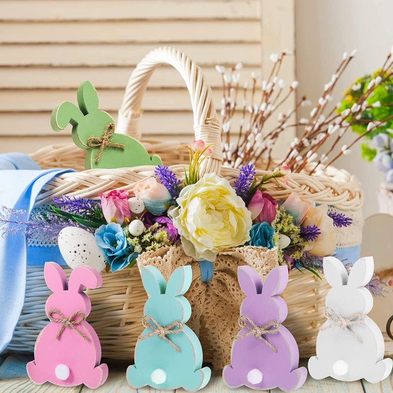 5 Pcs Easter Bunny Wooden Signs Bunny Decor Easter Tabletop Decor Rabbit Shape Table Sign with Jute Rope and Hairball Tail Freestanding Easter Table Decorations for Party (Purple, Pink, Blue, Green)